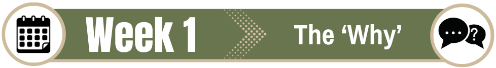 Decorative text - Week 1 The Why. There is an icon of a calendar on the left and an icon of a chat bubble on the right