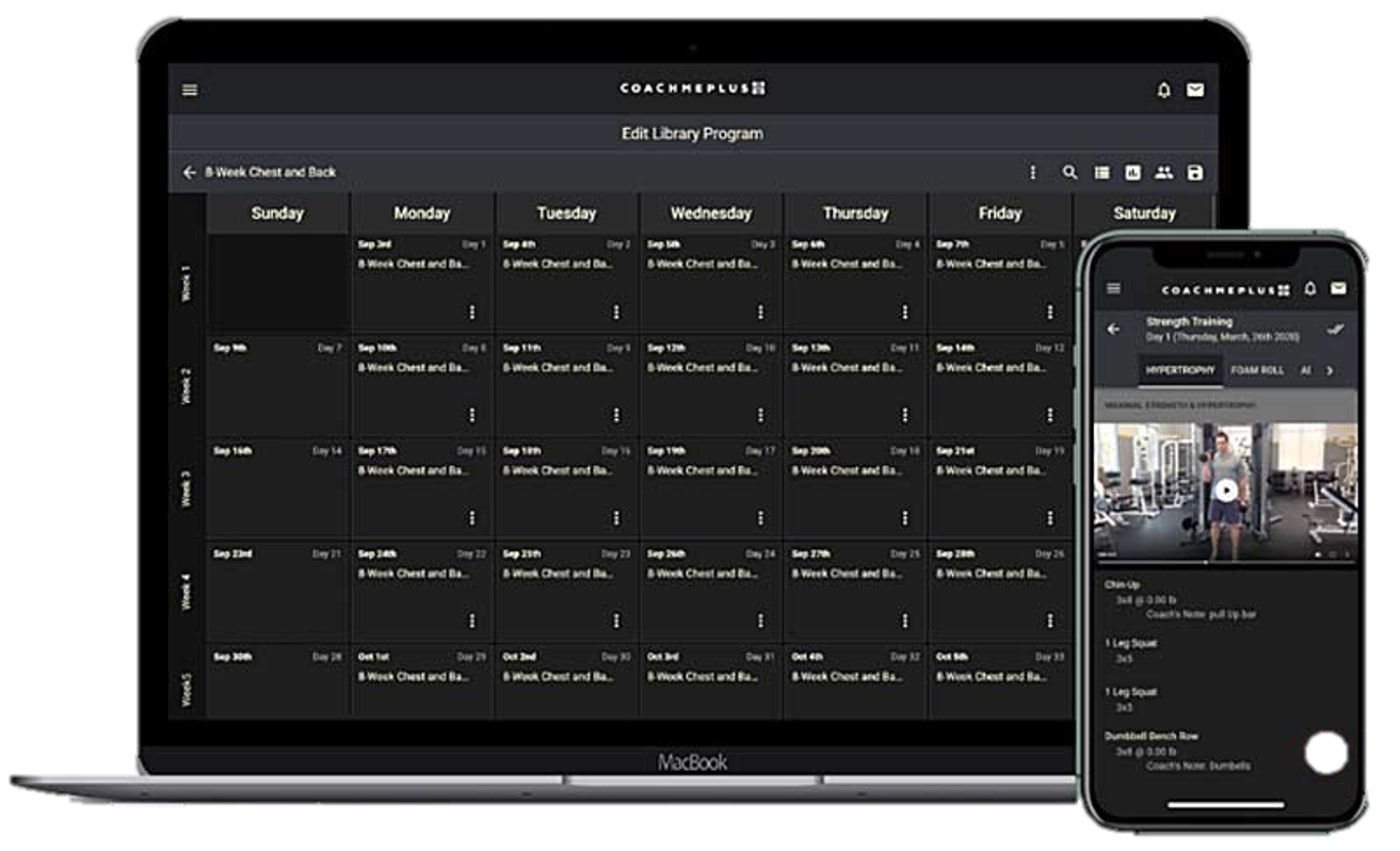 Laptop and mobile phone both displaying the CoachMePLus experience